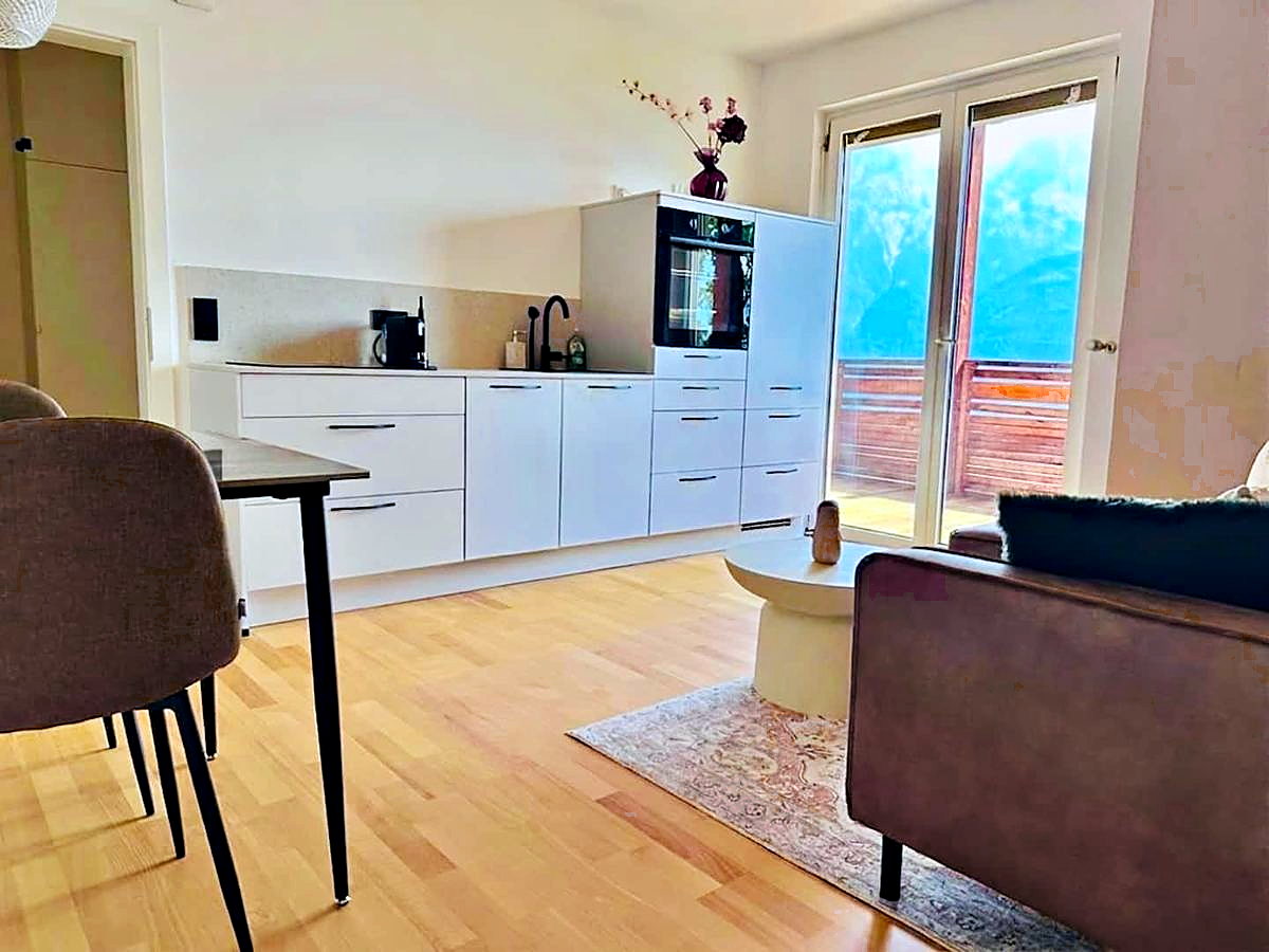 Kitchen with dining table and mountain view, holiday apartment East Tyrol
