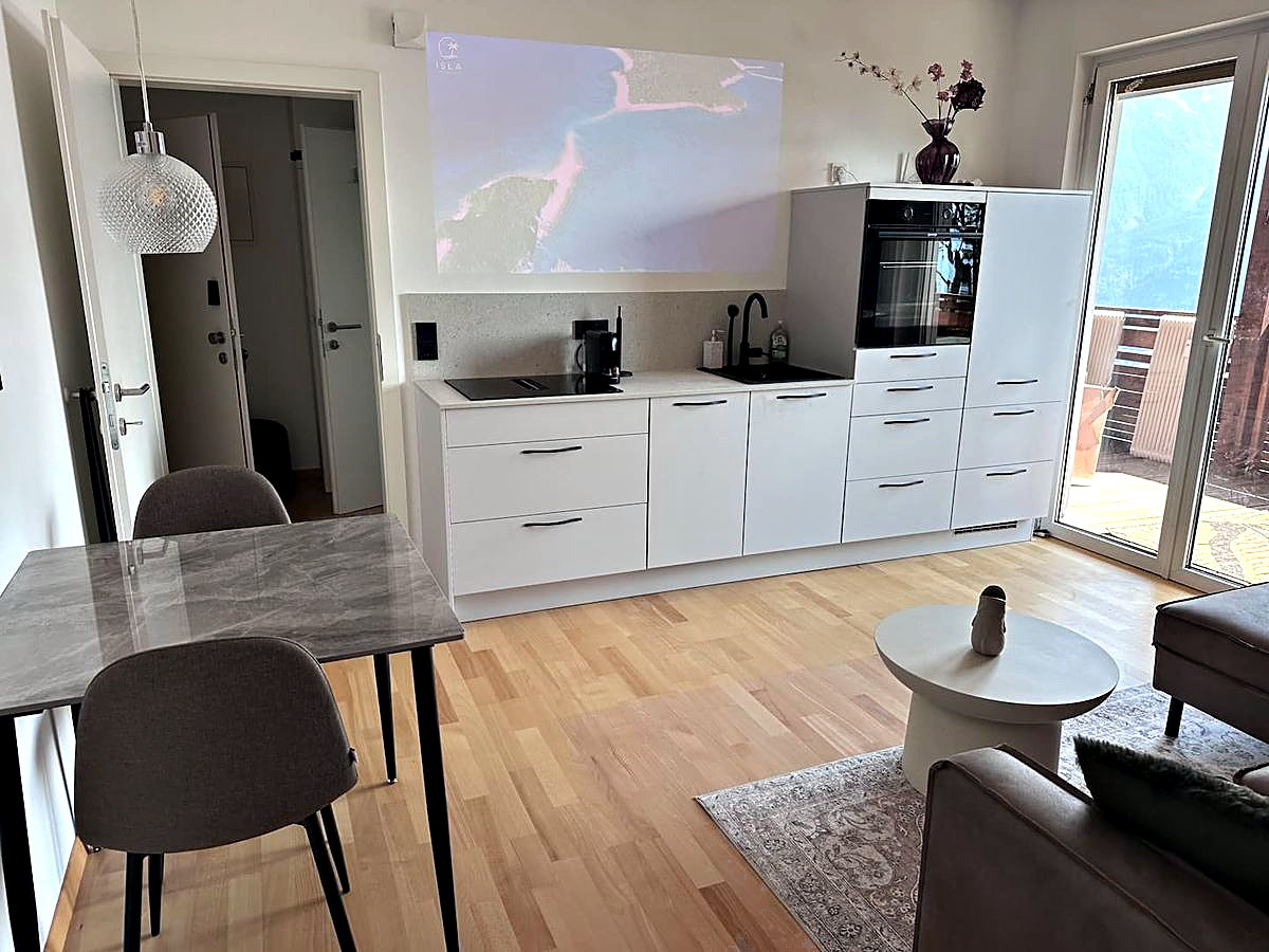 Open keuken met inductiekookplaat en vaatwasser in vakantieappartement SONNWEIT